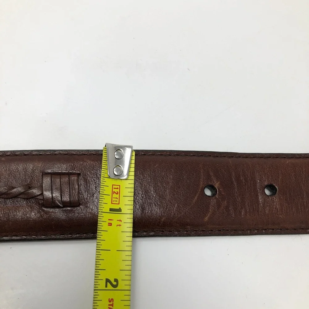 Woolrich Mens Brown Leather Belt 42 Italian Leather Woven Center Strip